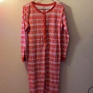 Like new Onesie in red and white with snowflakes and reindeer pattern on waffle